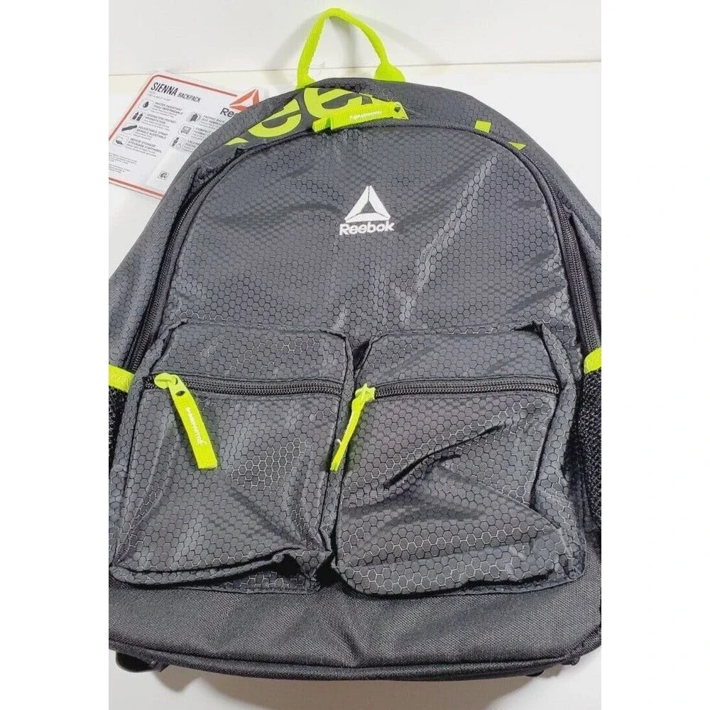 Reebok Sienna Lightweight Backpack Water-Resistant Black/Bright Green Unisex NWT